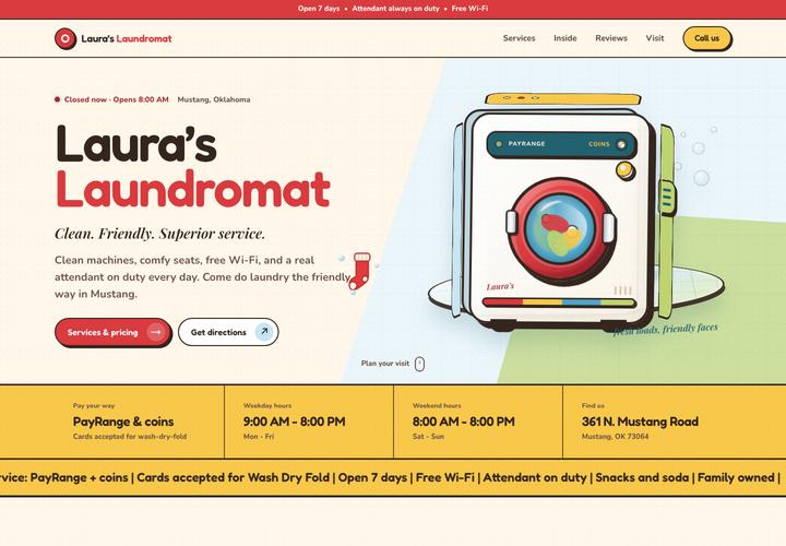 Laura's Laundromat local service site homepage